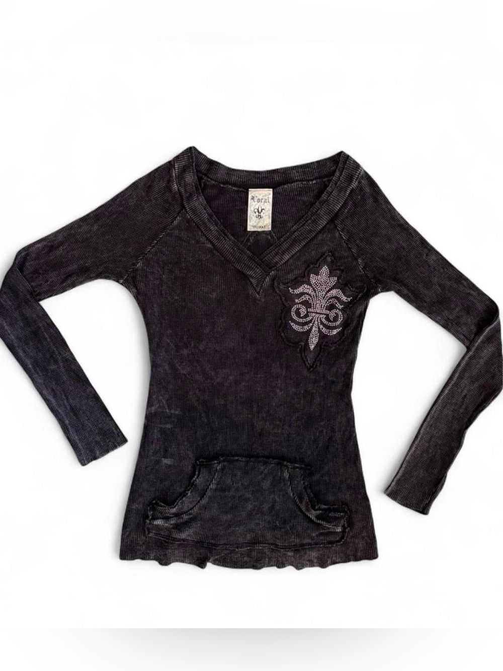 Vocal Black V-Neck Long Sleeve Top with Rhinestone Fleur Appliqué